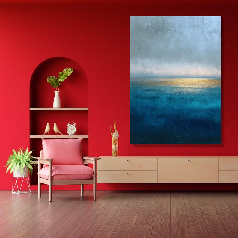 Abstract Ocean Horizon Canvas, Blue and Gold Wall Art, Modern Seascape, Contemporary Rothko Style Canvas, Coastal Home Decoration image 6