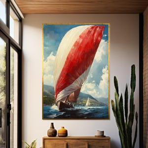 Red Sailboat Canvas, Nautical Wall Art, Sailing Boat Print, Ocean Decor, Scenic Seascape Canvas Design, Ready to Hang Decoration