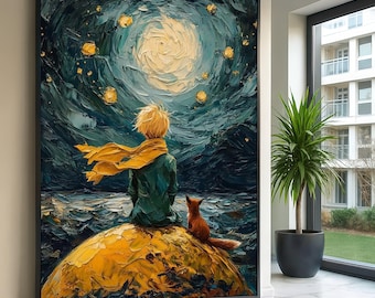 Little Prince Starry Night, Boy with Scarf, Fox Companion, Wall Art Canvas Design, Ready to Hang Decoration, Whimsical Art