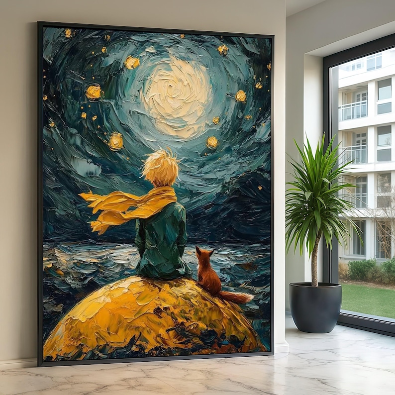 May include: Large framed art print depicting a scene from "The Little Prince." A young figure with blonde hair and a yellow scarf sits with a fox on a yellow planet, gazing at a swirling moon in a dark blue sky. The artwork has a textured, painted appearance.