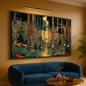 Lienzo "Sendero del Bosque Encantado", arte mural inspirado en Gustav Klimt, paisaje natural decorativo, lienzo con flores de colores y bosques, listo para colgar.