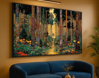 Enchanted Forest Pathway Canvas, Gustav Klimt Inspired Wall Art, Decorative Nature Landscape, Colorful Floral Woods Canvas, Ready to Hang
