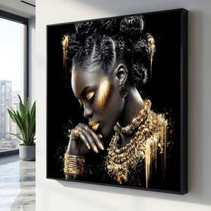 Elegant Black and Gold Portrait Canvas, African Woman Art Print, Modern Ethnic Wall Art, Glamour Home Decor, Stylish Canvas Painting image 1