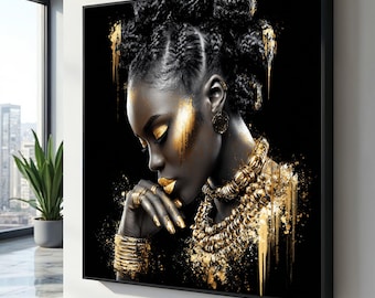 Elegant svart och guldfärgad kanvasporträtt, konsttryck av afrikansk kvinna, modern etnisk väggkonst, glamourös heminredning, snygg kanvasmålning
