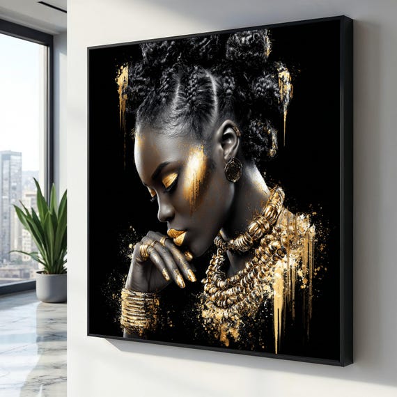 Elegant Black and Gold Portrait Canvas, African Woman Art Print, Modern Ethnic Wall Art, Glamour Home Decor, Stylish Canvas Painting