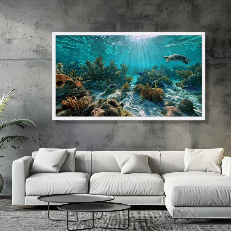 Underwater Coral Reef Scene Canvas, Sea Turtle Ocean Life Wall Art ...