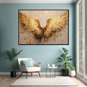 Golden Angel Wings Canvas, Gold Feather Wall Art, Elegant Wings Poster, Wall Art Canvas Design, Framed Canvas, Ready to Hang Decoration image 3
