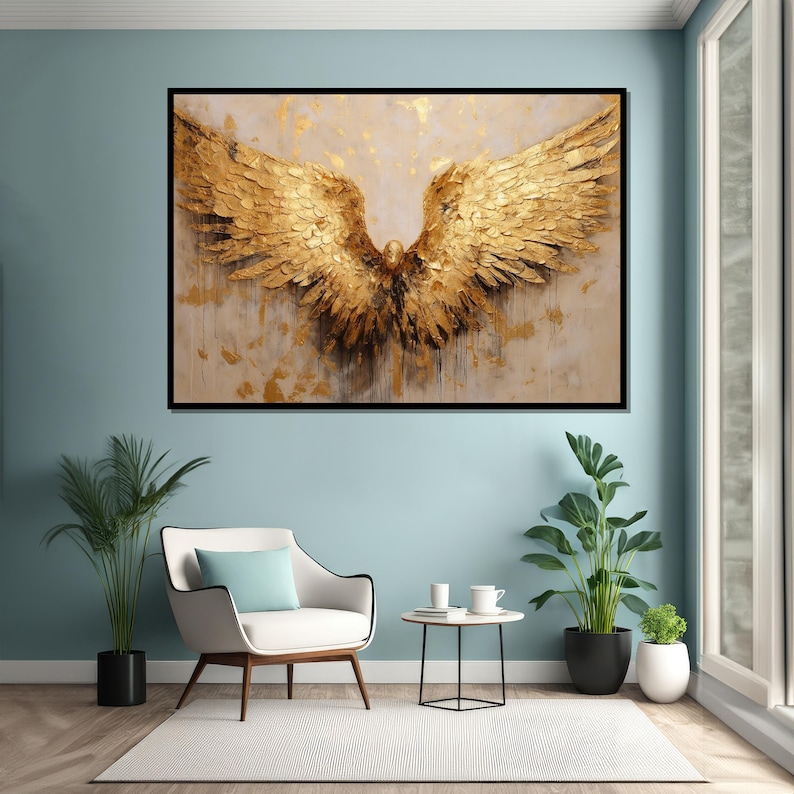 Golden Angel Wings Canvas, Gold Feather Wall Art, Elegant Wings Poster, Wall Art Canvas Design, Framed Canvas, Ready to Hang Decoration image 3