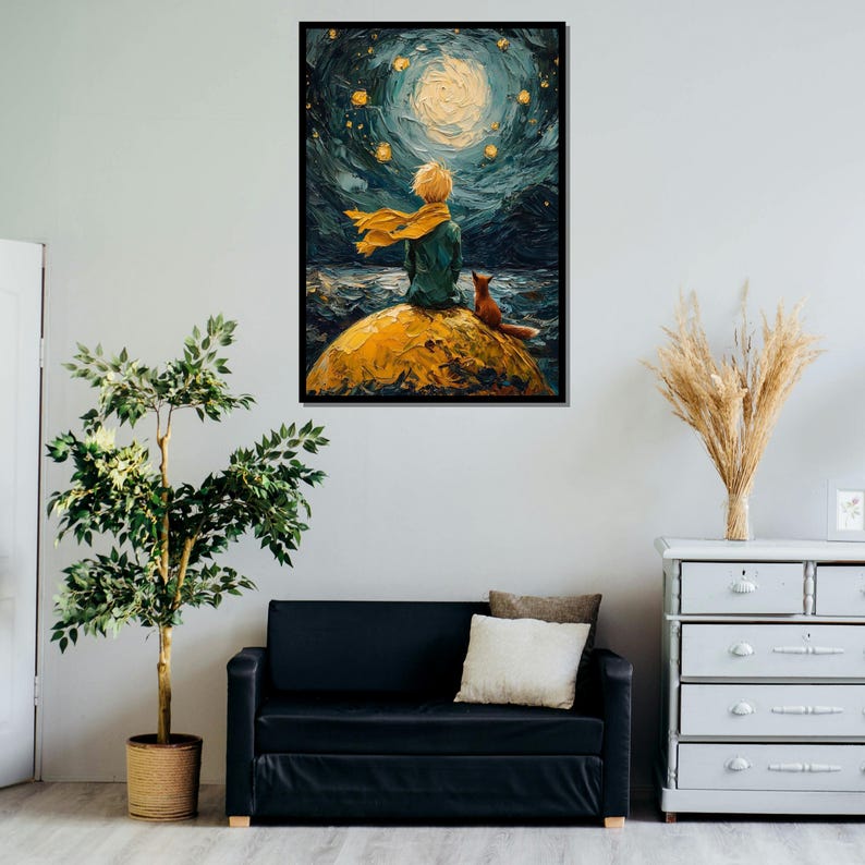 Little Prince Starry Night, Boy with Scarf, Fox Companion, Wall Art Canvas Design, Ready to Hang Decoration, Whimsical Art image 5