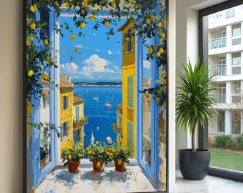 Toile vue côte méditerranéenne, scène de fenêtre de citronnier, oeuvre d'art murale maison jaune, peinture de paysage de bord de mer, décoration lumineuse d'été