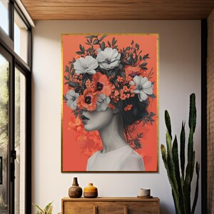 Arte em tela Floral Vision, Mulher com flores, Arte de parede floral vibrante, Retrato decorativo, Tela de arte de parede, Decoração pronta para pendurar