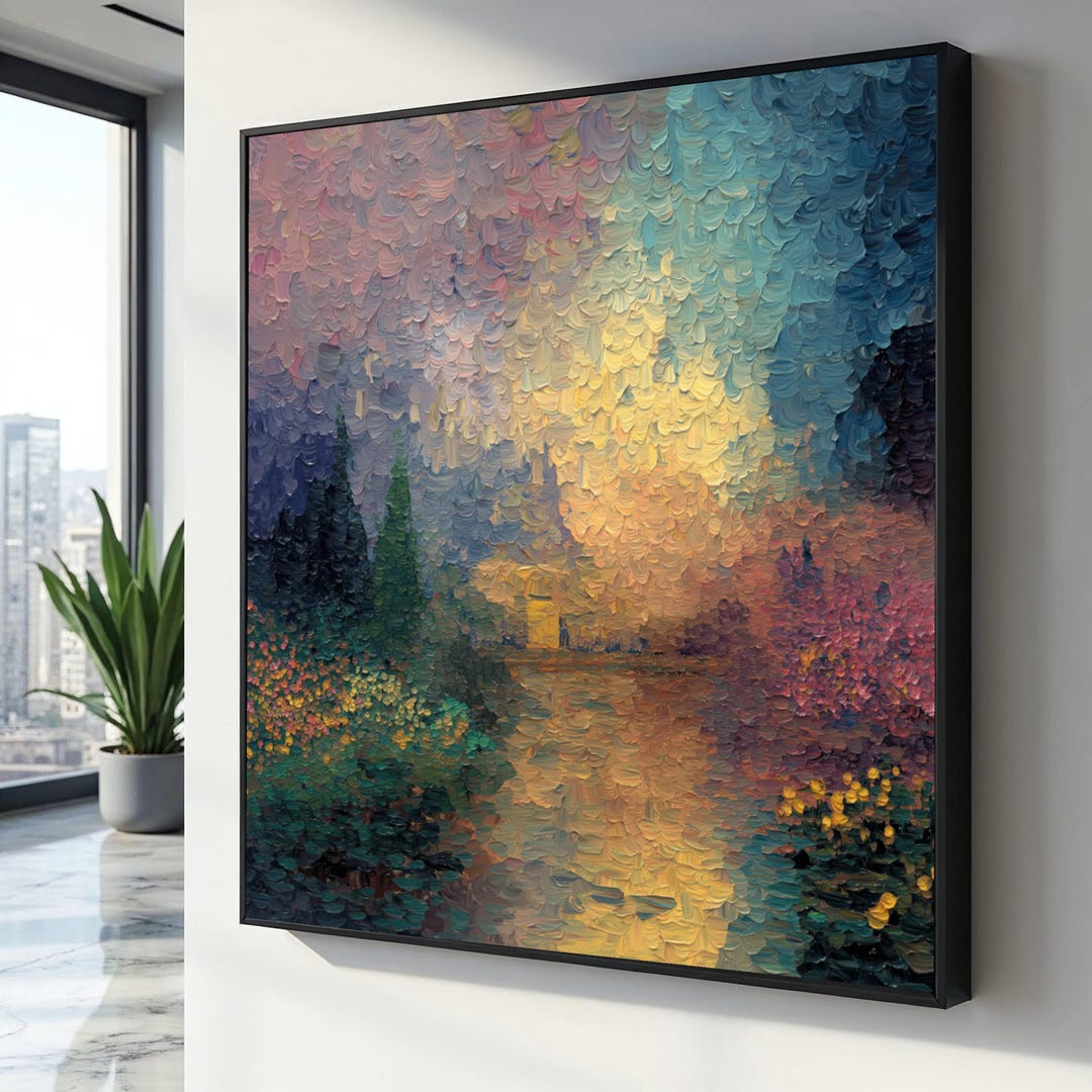Vibrant Sunset Landscape Canvas, Impasto River Scene, Nature Wall Art ...