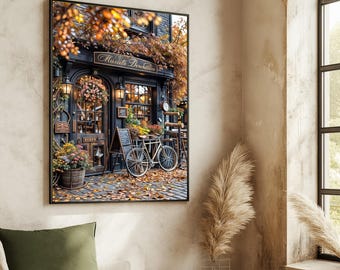 Charming Café Canvas, Vintage Bicycle Art, Autumn Street Scene, Floral Shopfront Design, Wall Art Canvas, Ready to Hang, Cozy Decor