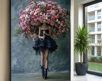 Floral Umbrella Lady Canvas, Botanical Art, Flower Burst Print, Elegant Wall Art, Canvas Design, Ready To Hang Floral Decoration