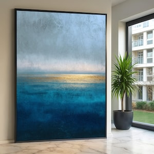 Abstract Ocean Horizon Canvas, Blue and Gold Wall Art, Modern Seascape, Contemporary Rothko Style Canvas, Coastal Home Decoration image 1