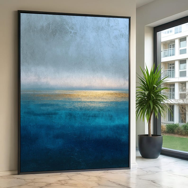Abstract Ocean Horizon Canvas, Blue and Gold Wall Art, Modern Seascape, Contemporary Rothko Style Canvas, Coastal Home Decoration image 1