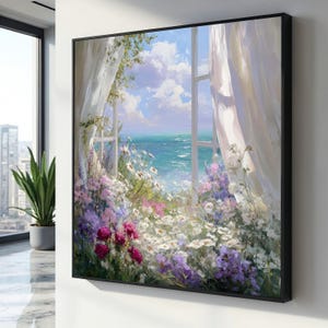 Ocean View Through Window Canvas, Floral Garden Wall Art, Coastal Landscape Painting, Sea Breeze Canvas, Spring Flowers Home Decor