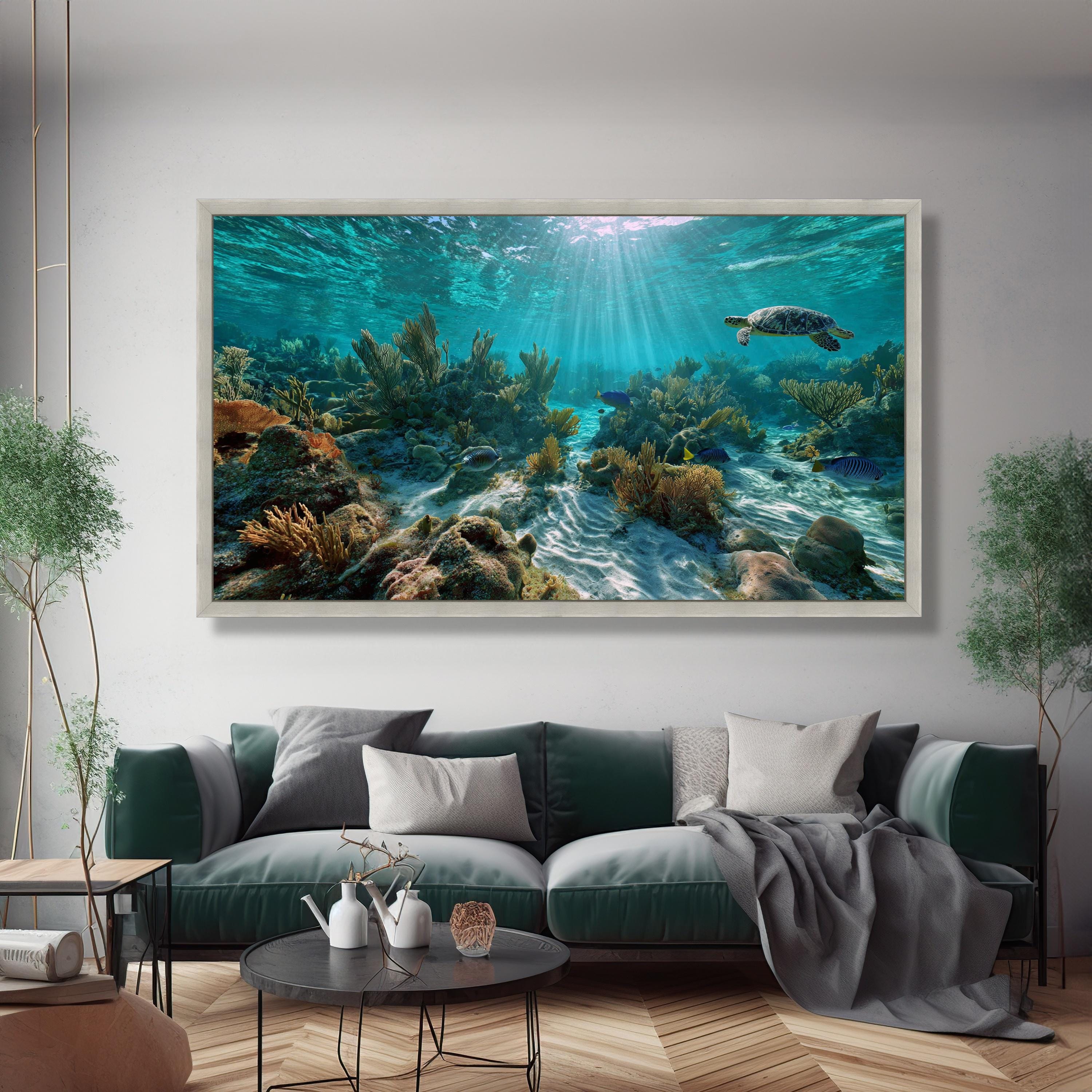 Underwater Coral Reef Scene Canvas, Sea Turtle Ocean Life Wall Art ...