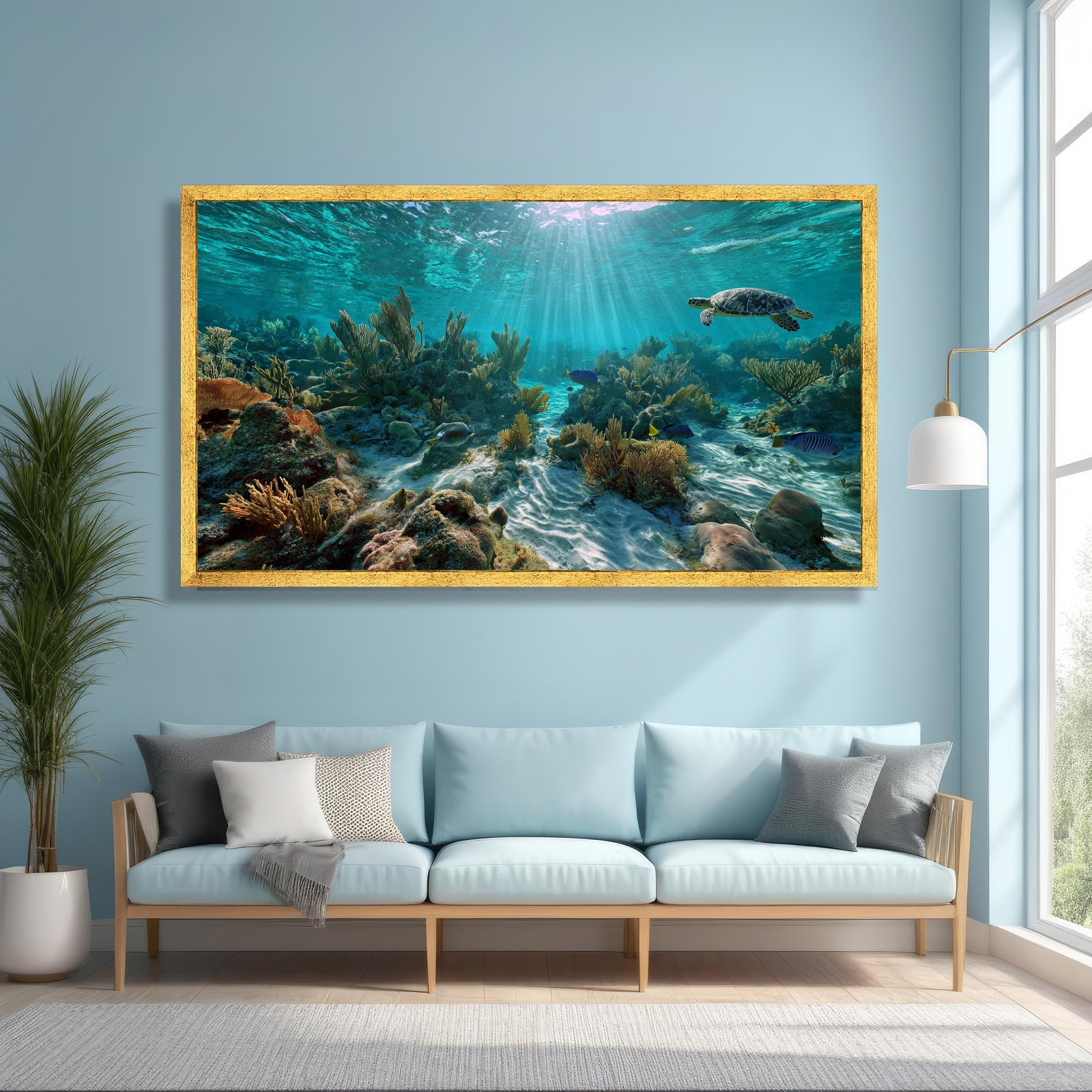 Underwater Coral Reef Scene Canvas, Sea Turtle Ocean Life Wall Art ...