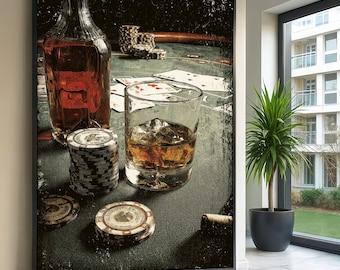 Whiskey and Poker Chips Canvas, Vintage Casino Game Art, Bar Room Wall Decor, Gambling Scene Canvas, Drinking and Cards Artwork