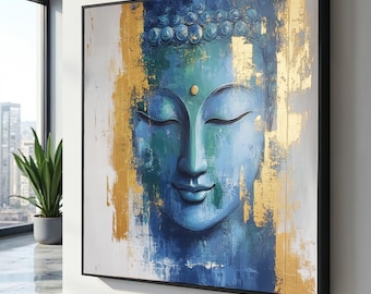 Blue Buddha Canvas, Spiritual Wall Art, Buddha Gold Leaf Art, Zen Wall Decor, Meditation Canvas Print, Wall Art Canvas Design, Ready to