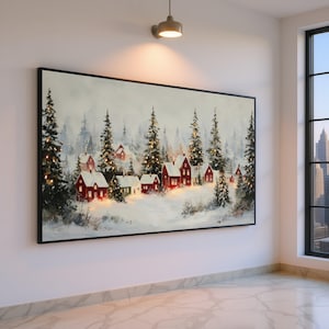 Cozy Winter Village Scene Canvas, Snow Covered Homes Wall Art, Pine Tree Forest Painting, Warm Holiday Decor, Rustic Christmas Canvas