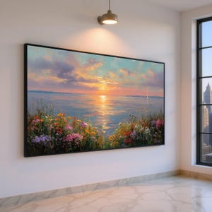 Tranquil Sunset Over Water, Floral Garden Canvas, Seascape Wall Art, Colorful Wildflowers Painting, Nature Landscape Canvas, Home Decor Art
