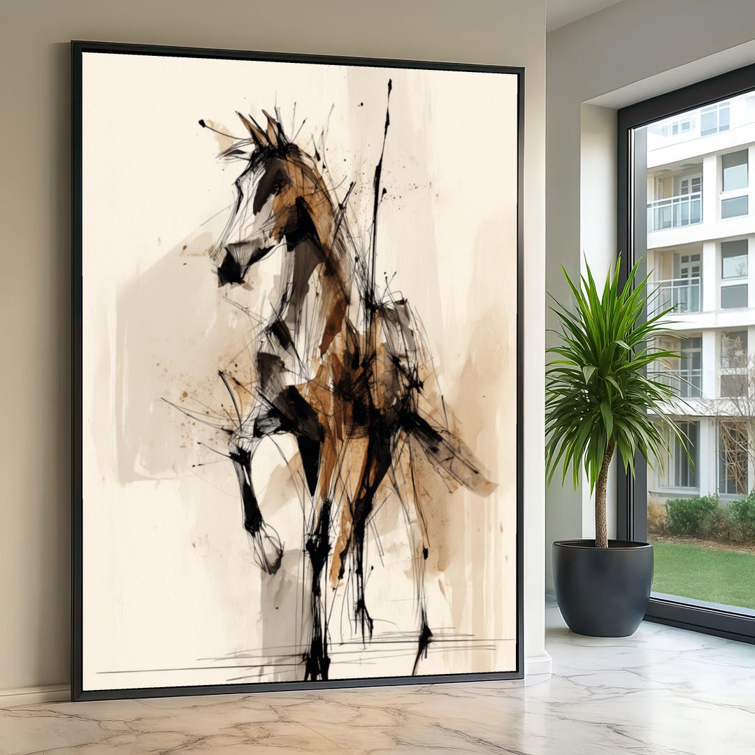 Abstract Horse Canvas Wall Art, Modern Animal Sketch, Brown and Black ...