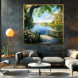 Tranquil Nature Scene Canvas, Serene Lake Print, Nature Landscape Wall Art, Bridge Over Water Decor, Ready To Hang, Wall Art Canvas Design