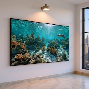 May include: Large framed artwork showing an underwater scene. The image features a vibrant coral reef with marine life, including a sea turtle. Sunlight streams through the water, illuminating the colorful coral and fish. The artwork is displayed on a white wall.