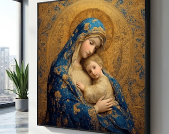 Madonna and Child Canvas Wall Art, Religious Icon Painting, Virgin Mary and Baby Jesus, Ornate Blue and Gold Decor, Spiritual Canvas Art,