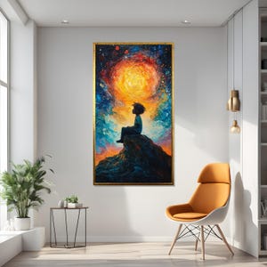 Lienzo artístico de soñador que observa las estrellas, póster de niño cósmico, arte de pared de ensueño, diseño de lienzo inspirador, decoración lista para colgar