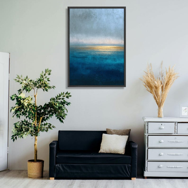 Abstract Ocean Horizon Canvas, Blue and Gold Wall Art, Modern Seascape, Contemporary Rothko Style Canvas, Coastal Home Decoration image 3