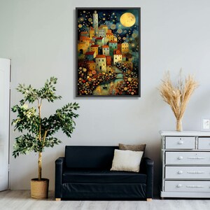 Gustav Klimt Inspired Night Village Canvas, Starry Sky and Moonlight Wall Art, Colorful Scenic Town Landscape Canvas, Artistic Home Decor image 3