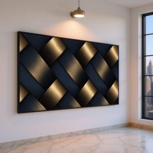 May include: A large, rectangular wall art piece with a black frame. The artwork features a woven pattern of navy blue, black, and gold metallic panels. The design creates a textured, three-dimensional effect, adding depth and visual interest to the wall.