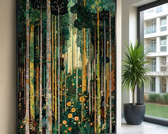 Betoverd bos canvas muurkunst, door Gustav Klimt geïnspireerde natuurschilderijen, bloemen- en boomlandschap, decoratief huis muur canvas