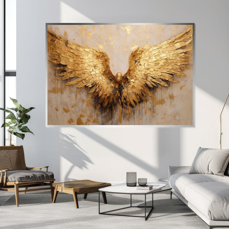 Golden Angel Wings Canvas, Gold Feather Wall Art, Elegant Wings Poster, Wall Art Canvas Design, Framed Canvas, Ready to Hang Decoration