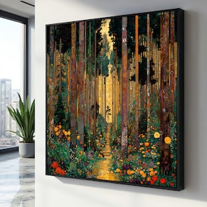 Gustav Klimt Waldweg Leinwand, Bunte Blumenbäume Wandkunst, Goldene Herbst Landschaft Leinwand, Natur inspirierte Dekoration