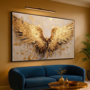 Golden Angel Wings Canvas, Gold Feather Wall Art, Elegant Wings Poster, Wall Art Canvas Design, Framed Canvas, Ready to Hang Decoration image 1