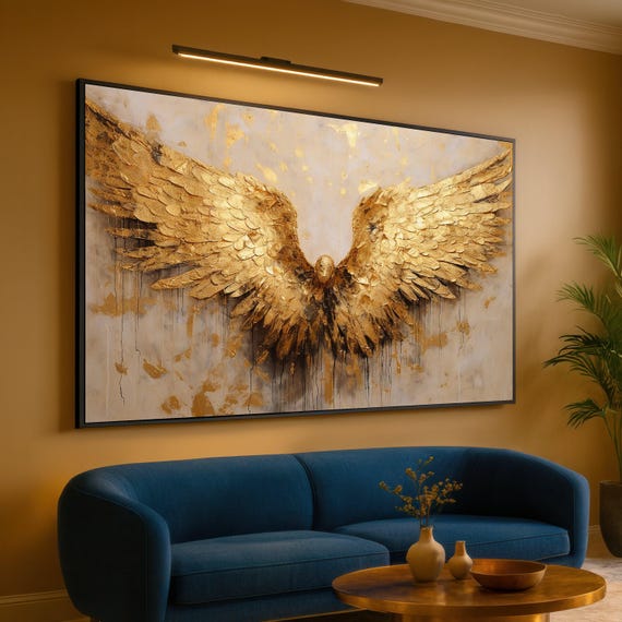 Golden Angel Wings Canvas, Gold Feather Wall Art, Elegant Wings Poster, Wall Art Canvas Design, Framed Canvas, Ready to Hang Decoration