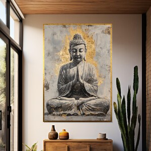 Serene Buddha canvas wall art, Buddha statue gold accents, meditation decor, zen home decor, wall art canvas design, ready to hang