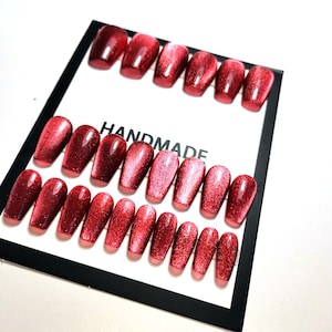 cat eye nails, Red cat eye, press-on cat eye, cat eye manicure, false nails, nail art, manicure, glossy finish, press-on nails