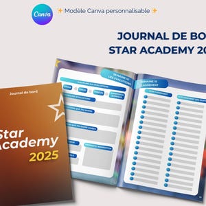 Peut inclure: Un journal intitulé "Star Academy 2025" avec une double page ouverte. La couverture est marron avec du texte blanc et une étoile. Les pages ouvertes ont des mises en page bleues et blanches avec des listes et des sections.