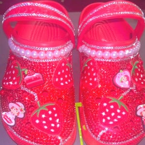 Custom Strawberry Bling Crocs for Girls | Bedazzled Red Crocs with Pearls & Glitter | Handmade Sparkle Shoes | Strawberry Shortcake Inspired