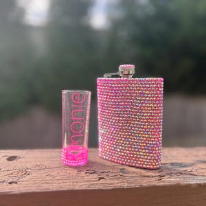 Personalized Rhinestone Flask & Shot Glass Set | Custom Bling Gift for Girls Trip, Birthday, Bridesmaid, Bachelorette | Sparkle Society LLC