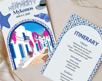 Greece Mykonos Hen and Bachelorette Party Itinerary in A5 - Editable, Customisable + Printable Invitation