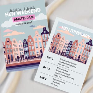 Puede incluir: Un itinerario imprimible para un fin de semana de despedida de soltera en Ámsterdam, con una ilustración colorida de casas de canal. El itinerario incluye actividades para tres días, incluyendo una clase de elaboración de cócteles, visitas a museos y un crucero por los canales.