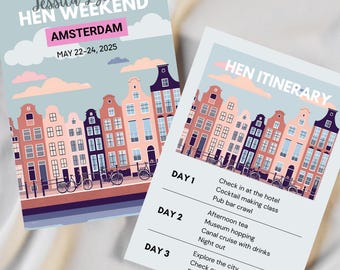 Amsterdam Hen Party and Bachelorette Party Itinerary Template in A5 - Editable, Customisable + Printable