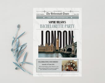 Newspaper London Bachelorette Party Itinerary Card, Customisable Template (Digital Download)