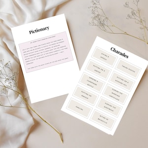 Jeu de charades et de pictionary Shower nuptiale personnalisable et imprimable - Plus de 100 cartes